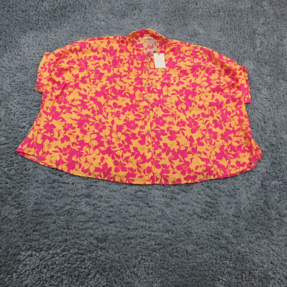 Easel Shirt Womens Large Pink Yellow Floral Button Front Short Sleeve NWT